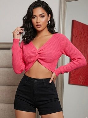 SHEIN Twist-Front V-Neck Crop Top in Hot Pink for summer